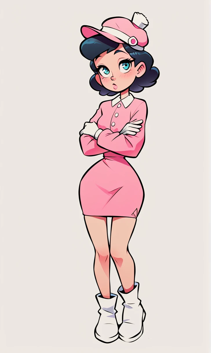 score_9, score_8_up, 1girl, solo, flat shading, flat color, drg, wide hips, narrow waist, black hair, pink dress, mini dress, long sleeves, white gloves, white boots, small hat, pink hat, portrait, closeup, looking at viewer, crossed arms
