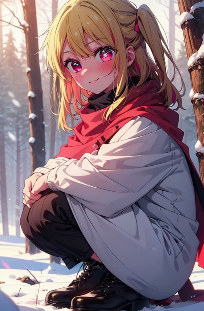 rubyhoshino, Hoshino Ruby, Long Hair, bangs, Blonde, (Pink Eyes:1.3), Side Lock, (Symbol-shaped pupil:1.5), Multicolored Hair, Two-tone hair, smile,,smile,blush,White Breath,
Open your mouth,snow,Ground bonfire, Outdoor, boots, snowing, From the side, wood, suitcase, Cape, Blurred, , forest, White handbag, nature, Squat, Mouth closed, Cape, winter, Written boundary depth, Black shoes, red Cape break looking at viewer, Upper Body, whole body, break Outdoor, forest, nature, break (masterpiece:1.2), Highest quality, High resolution, unity 8k wallpaper, (shape:0.8), (Beautiful and beautiful eyes:1.6), Highly detailed face, Perfect lighting, Highly detailed CG, (Perfect hands, Perfect Anatomy),