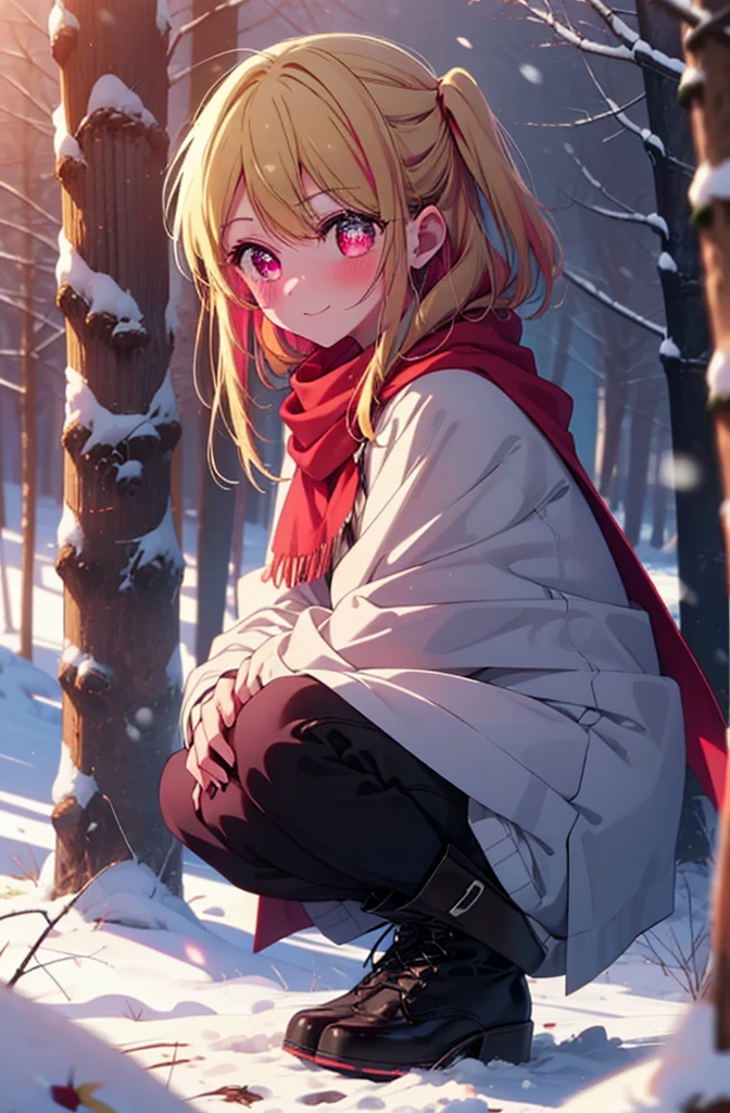 rubyhoshino, Hoshino Ruby, Long Hair, bangs, Blonde, (Pink Eyes:1.3), Side Lock, (Symbol-shaped pupil:1.5), Multicolored Hair, Two-tone hair, smile,,smile,blush,White Breath,
Open your mouth,snow,Ground bonfire, Outdoor, boots, snowing, From the side, wood, suitcase, Cape, Blurred, , forest, White handbag, nature,  Squat, Mouth closed, Cape, winter, Written boundary depth, Black shoes, red Cape break looking at viewer, Upper Body, whole body, break Outdoor, forest, nature, break (masterpiece:1.2), Highest quality, High resolution, unity 8k wallpaper, (shape:0.8), (Beautiful and beautiful eyes:1.6), Highly detailed face, Perfect lighting, Highly detailed CG, (Perfect hands, Perfect ???????),