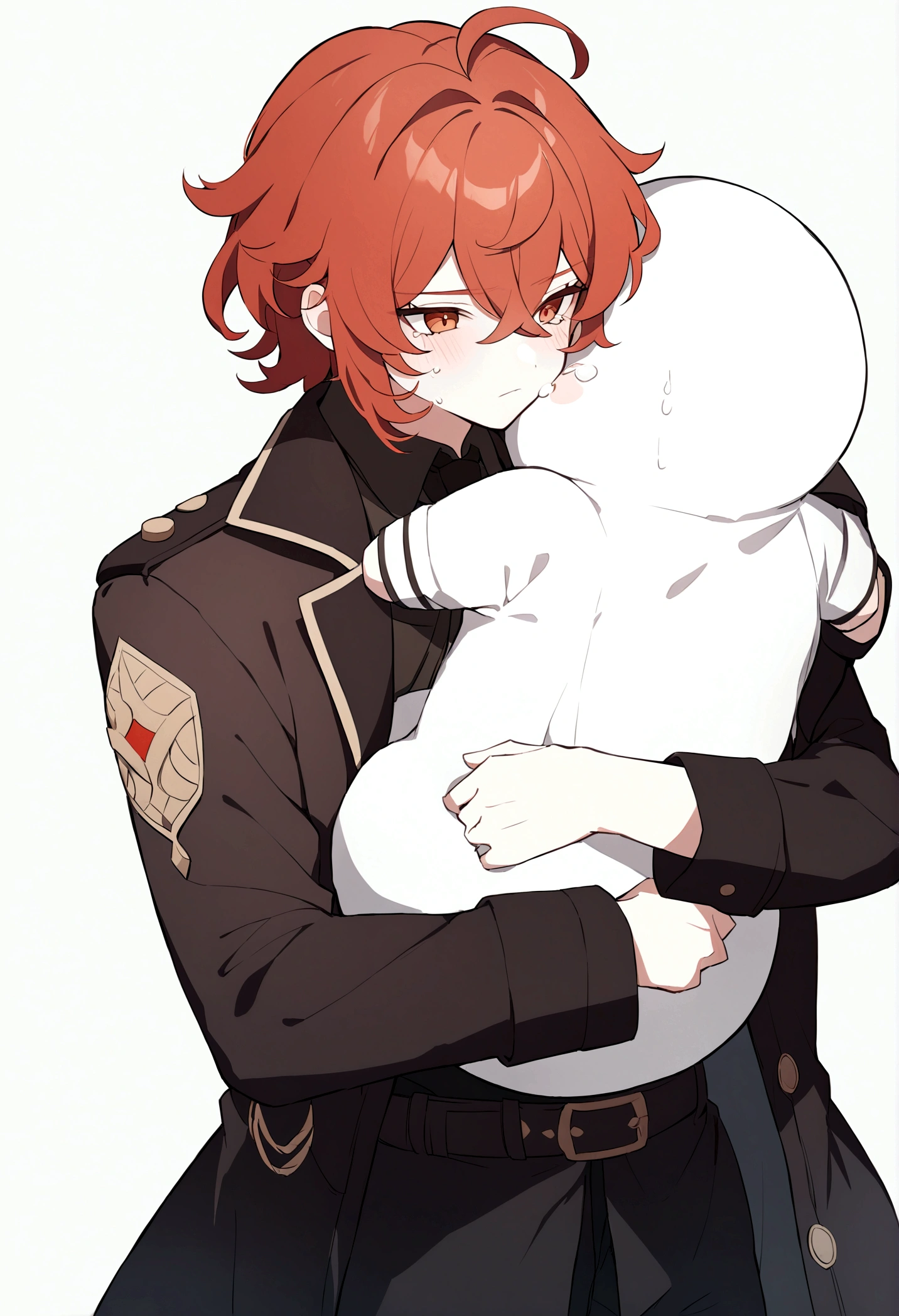 Tignari from the game Genshin impact dressed in a doctor's coat, he hugs Diluc from the game Genshin impact, Diluc is wearing a police chief's uniform, Tignari is crying, hugging Diluc