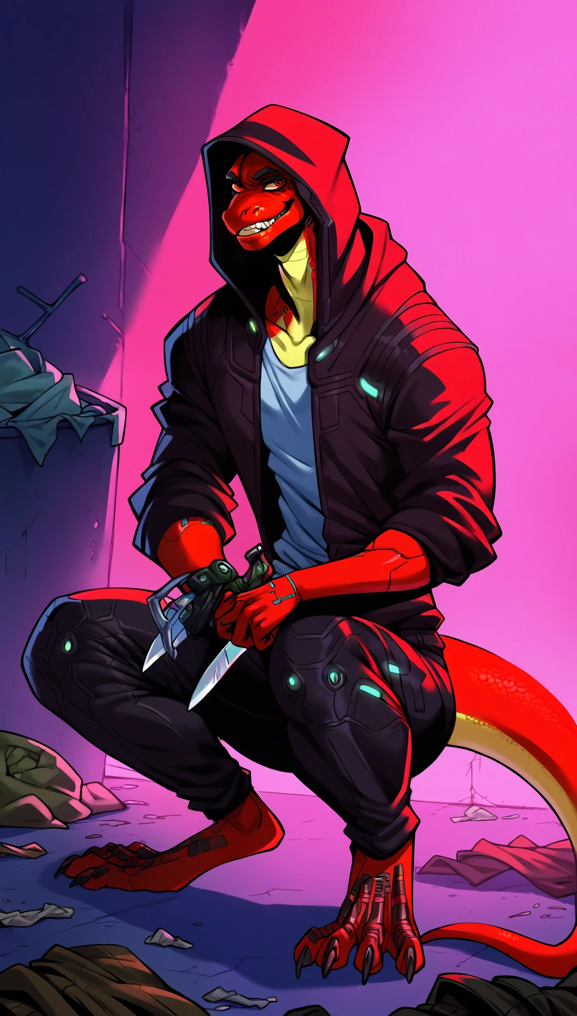 score_9, score_8_up, score_7_up, (cyberpunk, dark night, underground dark room background, trash, dead body around:1.35),
((lizard:1.2), anthro, male, solo, ((crazy smile, holding knife)), (Squatting, on their haunches), (wearing a cyberpunk augmentations, eyes implants, red eyes,:1.75), ((wearing cyberpunk style clothes, hood, hoody, pants:1.5)), lizard skin, lizard scales, short haircut, beautiful),