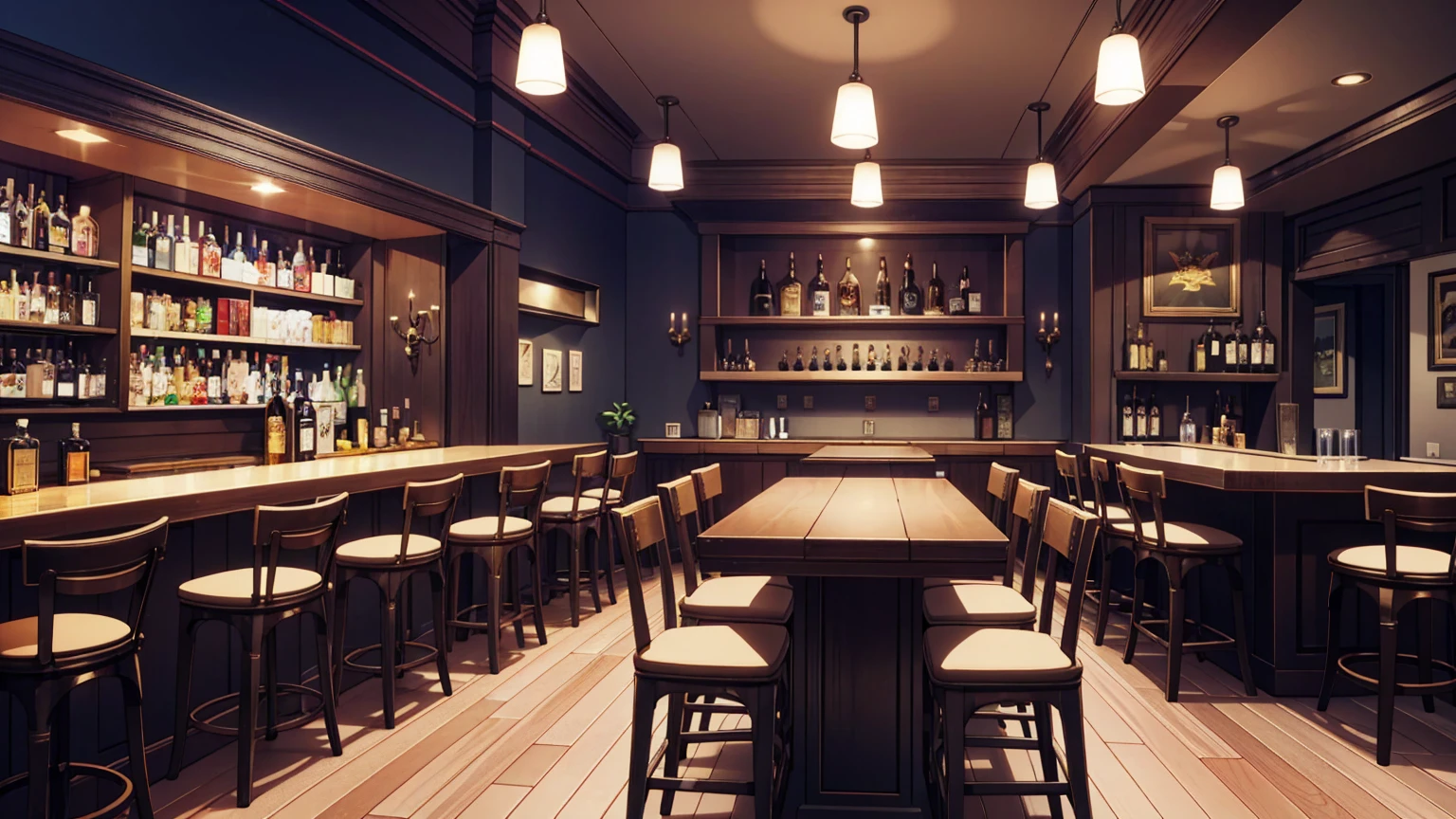 Background inside the bar,,,masterpiece,game CG,アニメ,Unmanned, No human,background,,,, indoor, liquor shelves, bar counter, bar chairs,Night, dark,