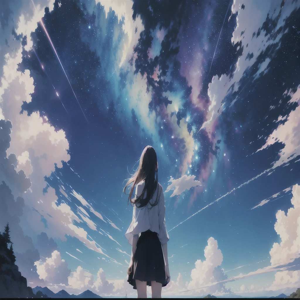 Disorganized, High resolution, (Official Art, beautifully、aesthetic: 1.2), Close-up,
Bright Sky, A vast world, girl, stare, Awe-inspiring expressions, Distant Horizon, cloud, High Hill, Natural Beauty, Inspiration, Light effects, Wide Shot, From afar,