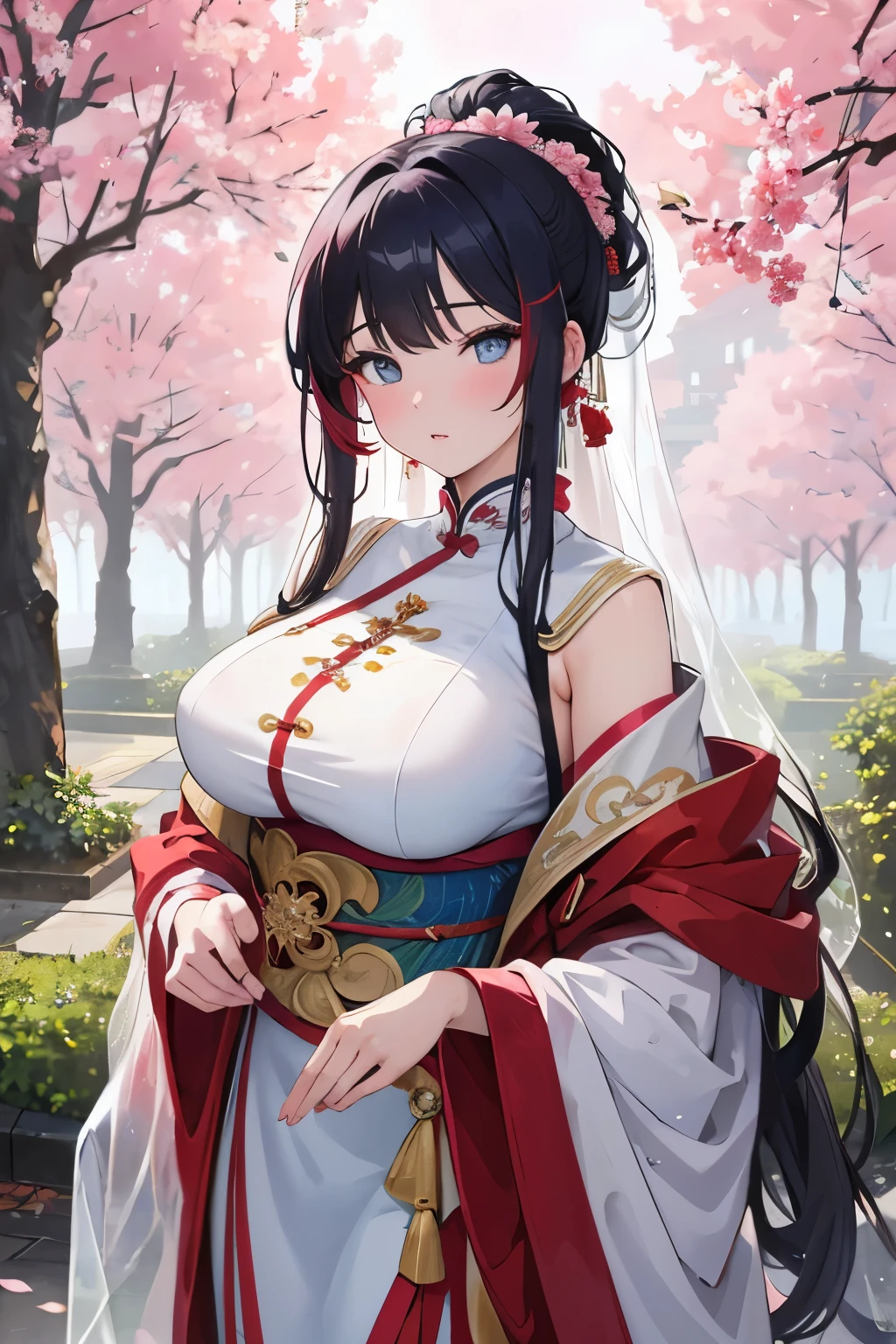 masterpiece of maximalist art, showcasing a stunningly beautiful 20-year-old chubby girl, adorned in a vivid white and red long-closed qipao. Her face is adorned with strong pink makeup, accentuating her exotic silver-blue eyes, detailed lips, and the captivating charm and seduction of a light and  veil flowing from a long white ponytail. The scene unfolds in a cherry grove, under the rain of leaves on a romantic late spring sunset. This 8k anime artwork, created by the renowned artgerm, is a trending sensation on ArtStation, capturing the viewer with an evocative