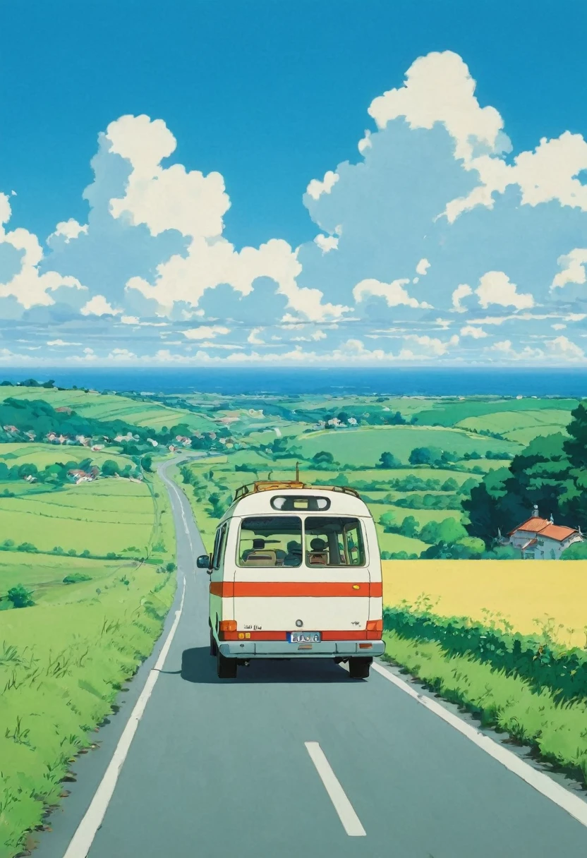 (minimalism:1.4), a Minibus on the road, Studio Ghibli art, Miyazaki, pasture with blue sky and white clouds