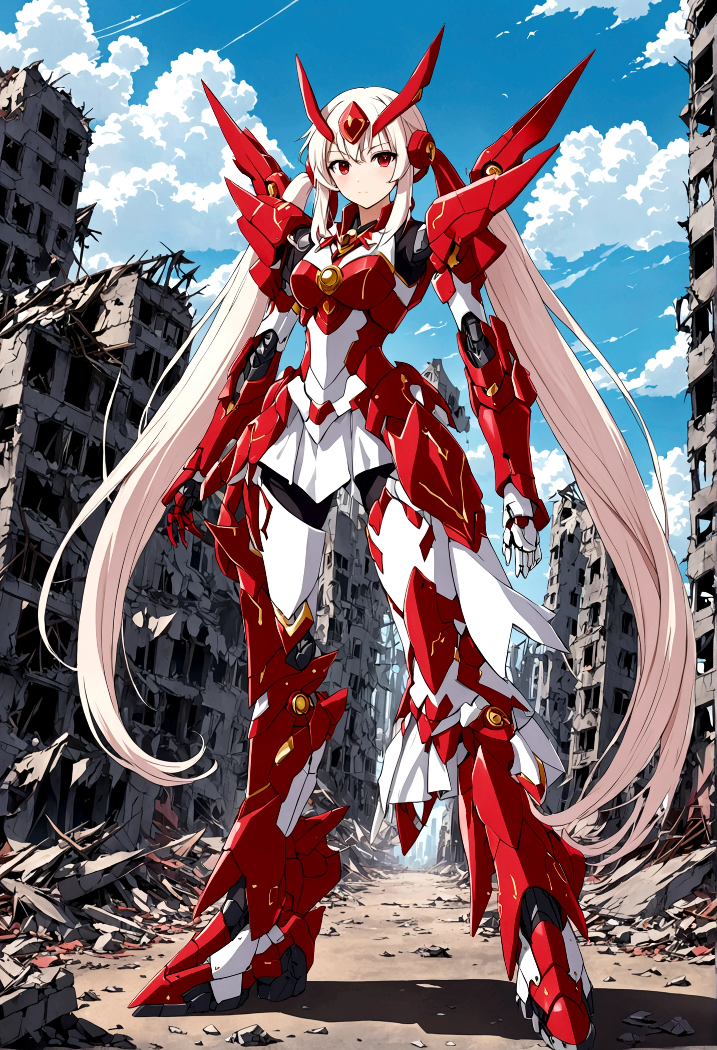 mecha style magical girl, White long hair styled in twintails, red eyes, wearing a crimson coloured Magical girl style mecha armor, full body in picture turned towards viewer, backround is a destroyed city