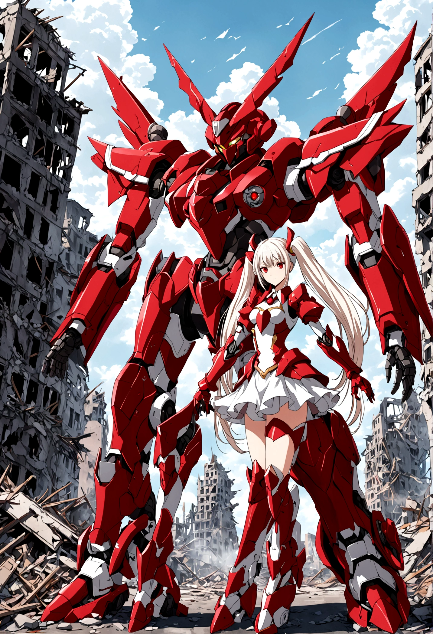 mecha style magical girl, White long hair styled in twintails, red eyes, wearing a crimson coloured Magical girl style mecha armor, full body in picture turned towards viewer, backround is a destroyed city