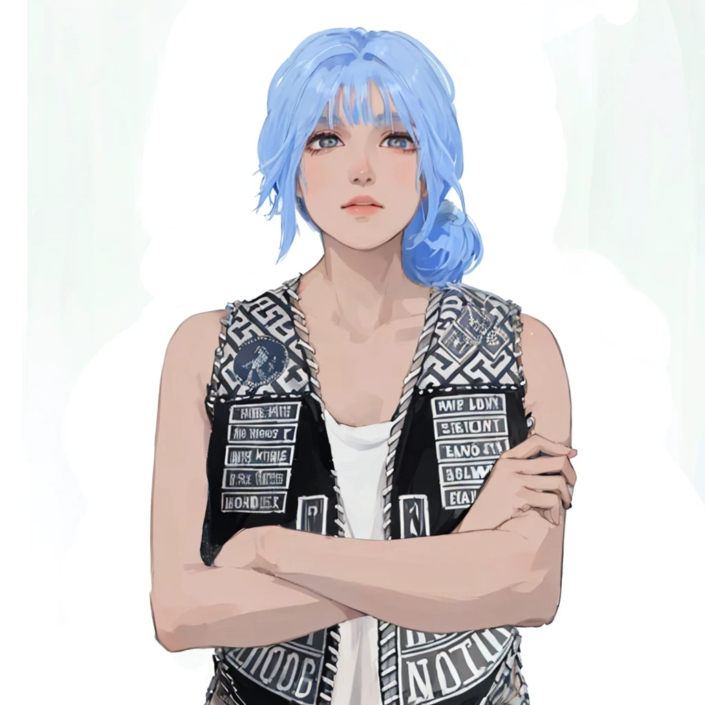 (masterpiece:1.2, best quality), (1girl, solo, upper body:1.2),flat face,Hair: buzz cut, Clothing: oversized, distressed denim jacket with patches and pins, paired with black skinny jeans and combat boots, Hanging out in an underground music venue or street art exhibit
