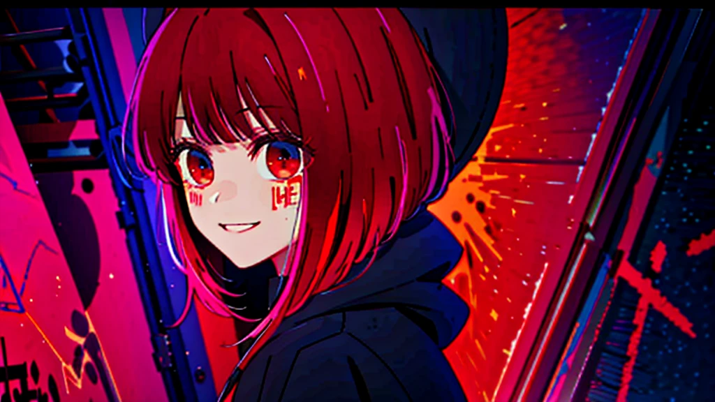 Detailed Background, masterpiece, Highest quality, smile, ornament, hoodie, Portraiture, Neon Red, graffiti, dark, night, Shining Eyes, Black light