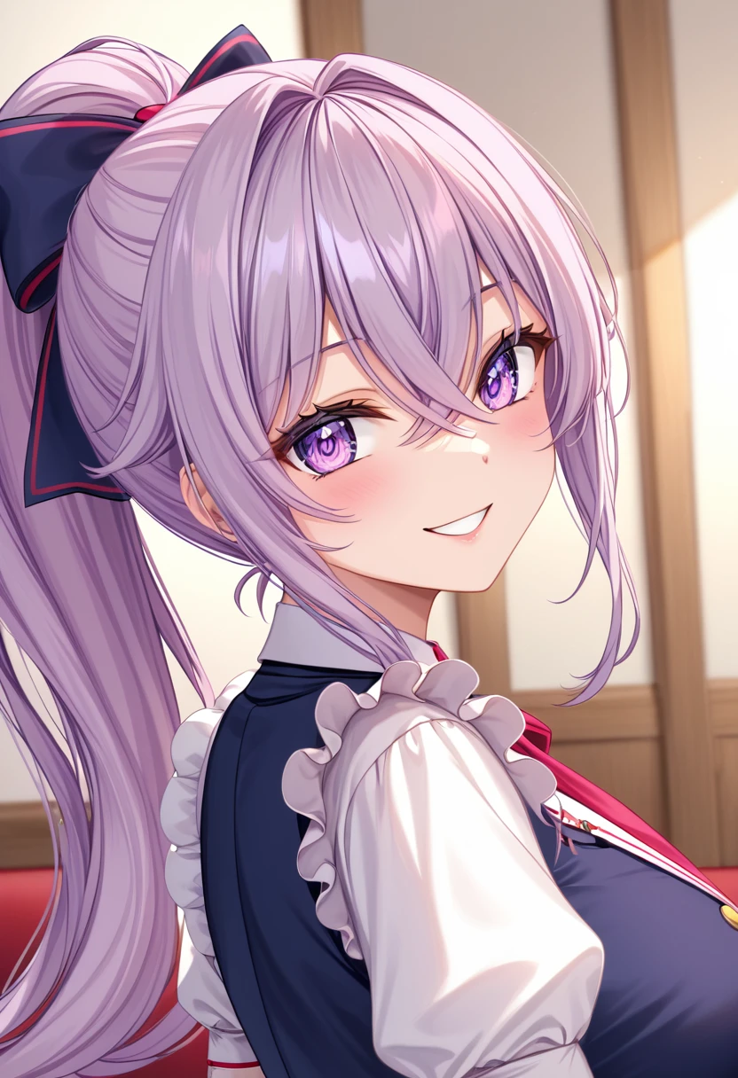 (((masterpiece)))(((Highest quality)))(((8K)))(((4K)))One Little Girl、 years old、Lolita、Straight Hair、Pink high ponytail、Crossed bangs、Light purple eyes、Squint your eyes、smile、Cute JC uniform、Diagonally from behind、turn around、Upper Body、Anime Style、