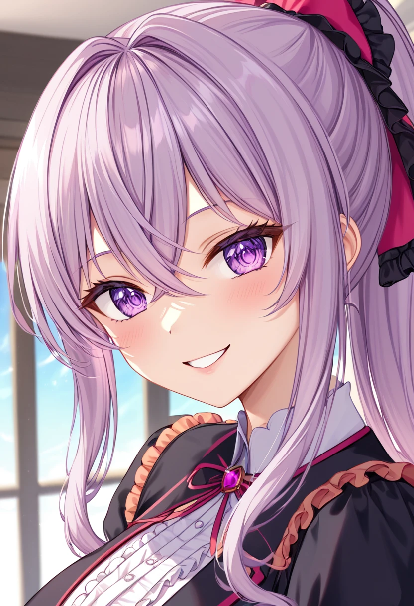 (((masterpiece)))(((Highest quality)))(((8K)))(((4K)))One Little Girl、 years old、Lolita、Straight Hair、Pink high ponytail、Crossed bangs、Light purple eyes、Squint your eyes、smile、Cute JC uniform、Diagonally from behind、turn around、Upper Body、Anime Style、