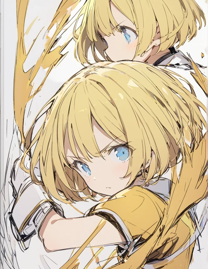 A girl fighting with golden flames(Sketches), (Open Close), (Small body), (Blonde:1.5) (Short Bob Hair:1.4), (Blue eyes)輝く
