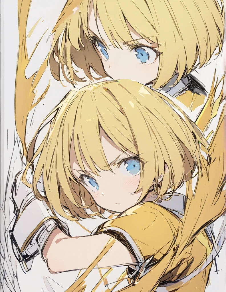 A girl fighting with golden flames(Sketches), (Open Close), (Small body), (Blonde:1.5) (Short Bob Hair:1.4), (Blue eyes)輝く