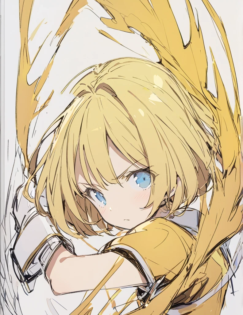 A girl fighting with golden flames(Sketches), (Open Close), (Small body), (Blonde:1.5) (Short Bob Hair:1.4), (Blue eyes)輝く