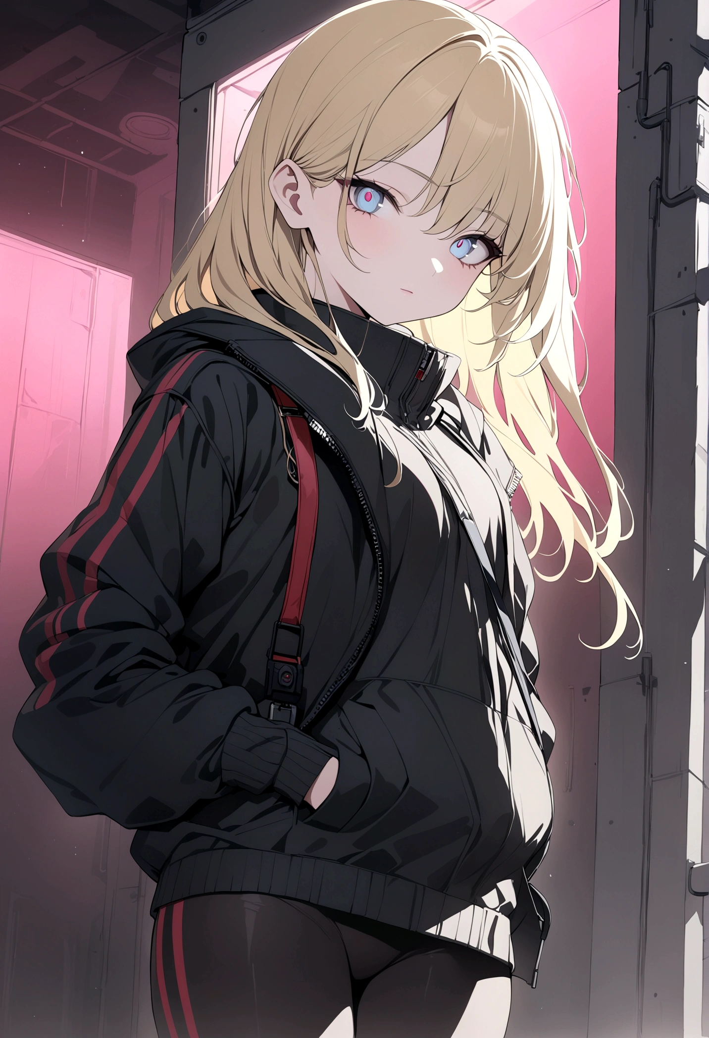 (masterpiece, 32k, 8k, Umbrella Corporation corridor scenario) girl ************, naturally beautiful face, long blonde hair with pink streaks, tight black clothes in cyberpunk style, eyes of different colors, one blue eye and the other gray eye