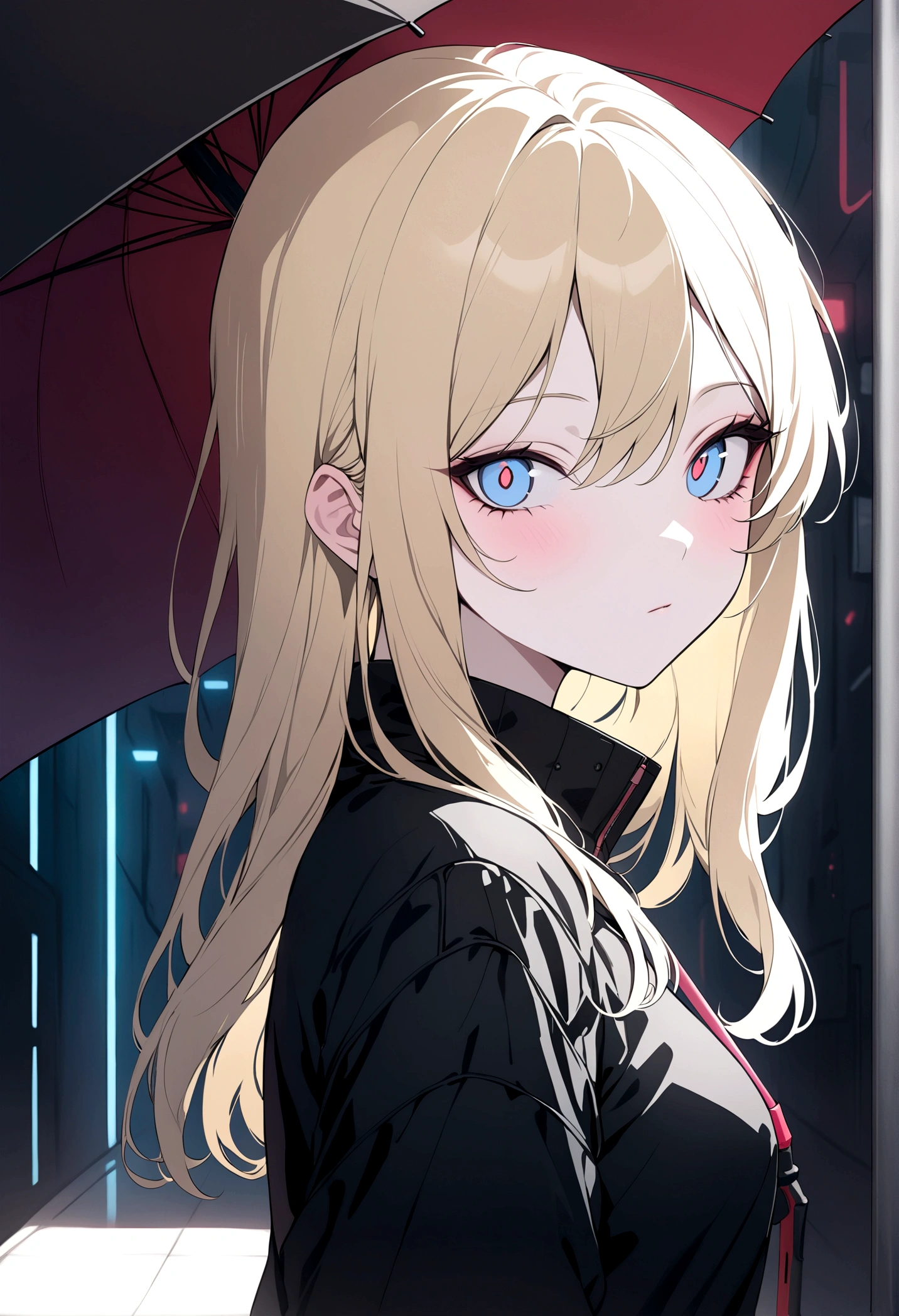 (masterpiece, 32k, 8k, Umbrella Corporation corridor scenario) girl ************, naturally beautiful face, long blonde hair with pink streaks, tight black clothes in cyberpunk style, eyes of different colors, one blue eye and the other gray eye