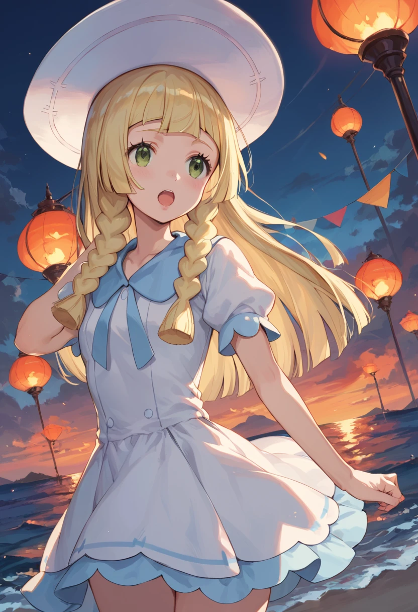 score_9,score_8_up,score_7_up,cowboy shot,((hentai anime)),(details background),1girl,Lillie(pokemon),open mouth,,look up sky,night,sky,many fire works,sea