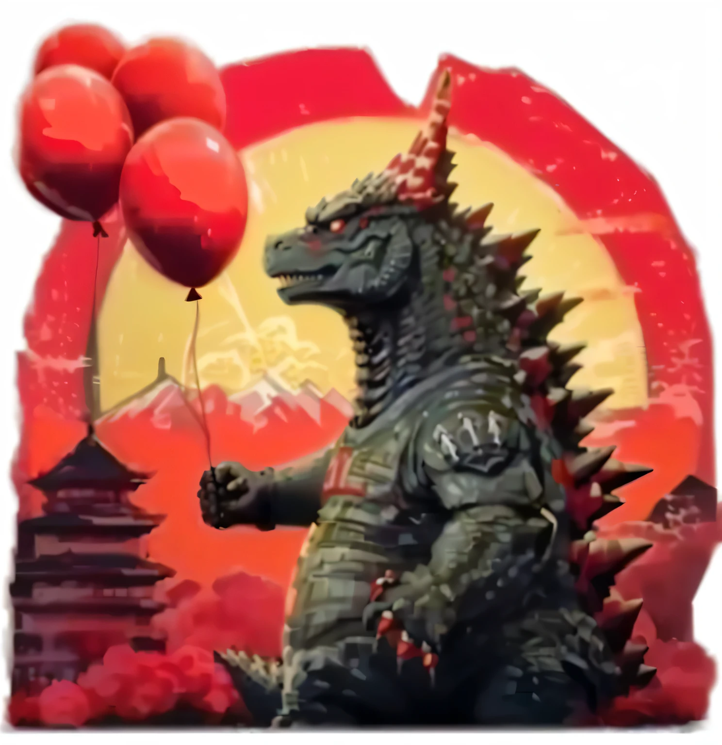 a close up of a godzilla holding a bunch of red balloons, shin godzilla, godzilla, godzilla portrait, kaiju, character portrait of godzilla, dinosaurs and godzilla, trex from godzilla (2014), godzilla tea with barbie, mechagodzilla, kaiju-eiga, sofubi, king ghidorah