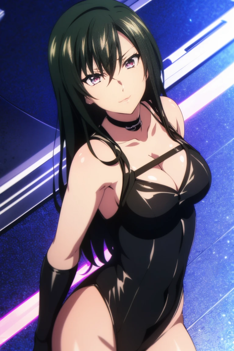 messy hair, hairs between eyes, very long hair, black hair, (((pink eyes))), masterpiece, super fine illustration, beautiful, best quality, ultra high res, cg unity 8k wallpaper, black clothes, black wear, shiny hair, large breasts, (((choker, cleavage cutout, thighighs, elbow gloves, bondage, high leg leotard))), perfect eyes, ultra detailed beautiful face,