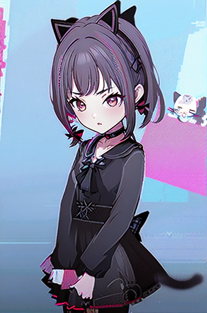 ((best quality)), ((masterpiece)), (detailed),1girl,kazusa_bluearchive, shinonome ena,AsumiSena, red eyes, ((grey hair)), twintails, very long hair,kemonomimi,cat ears,black pantyhose,(((hair ribbon))), choker, black choker,casual 