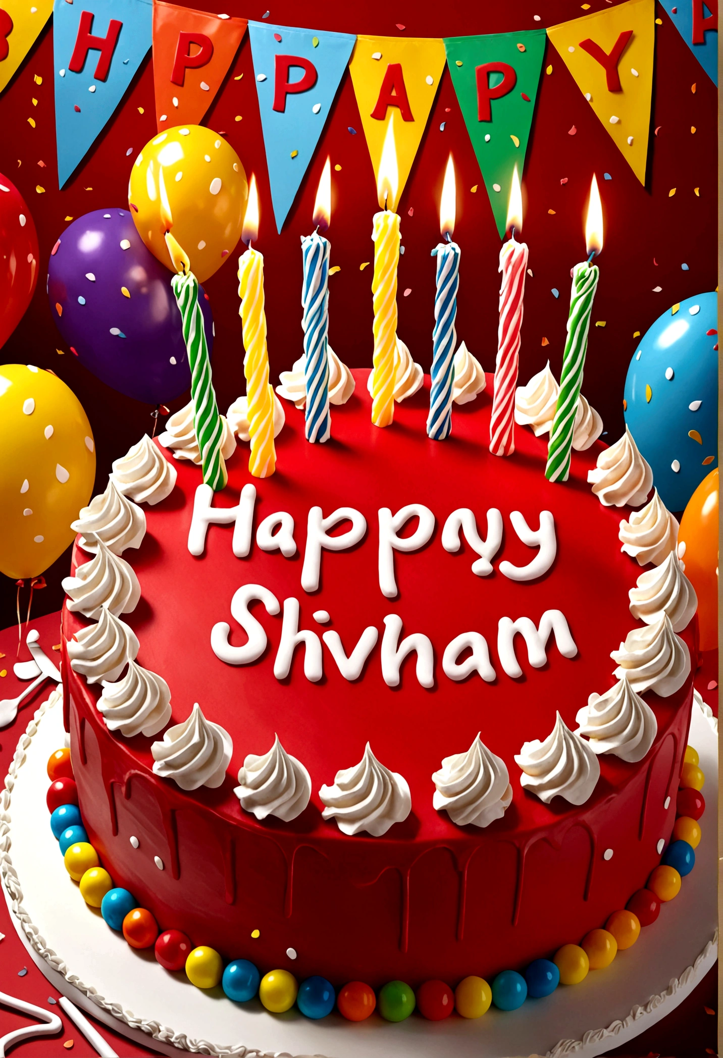 Create a 3d image in which a teenager boy cutting Cake wearing red color top with Name "shivam" is written clearly on the Cake and 21 year candle burning on the cake , image features with birthday decorated view, realistic image, background decorated with birthday items.