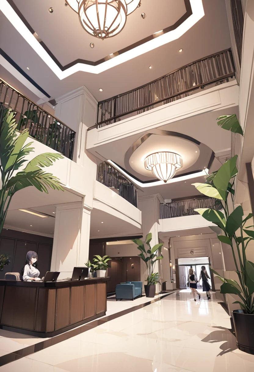 sofa,plant,from below,(hotel entrance,hotel lobby,front desk,check-in:1.3), dynamic angle, nsfw, (6girl:1.2),masterpiece, best quality, multiple girls, black hair, (textured skin:0.8), dramatic lighting, walking, large breasts,