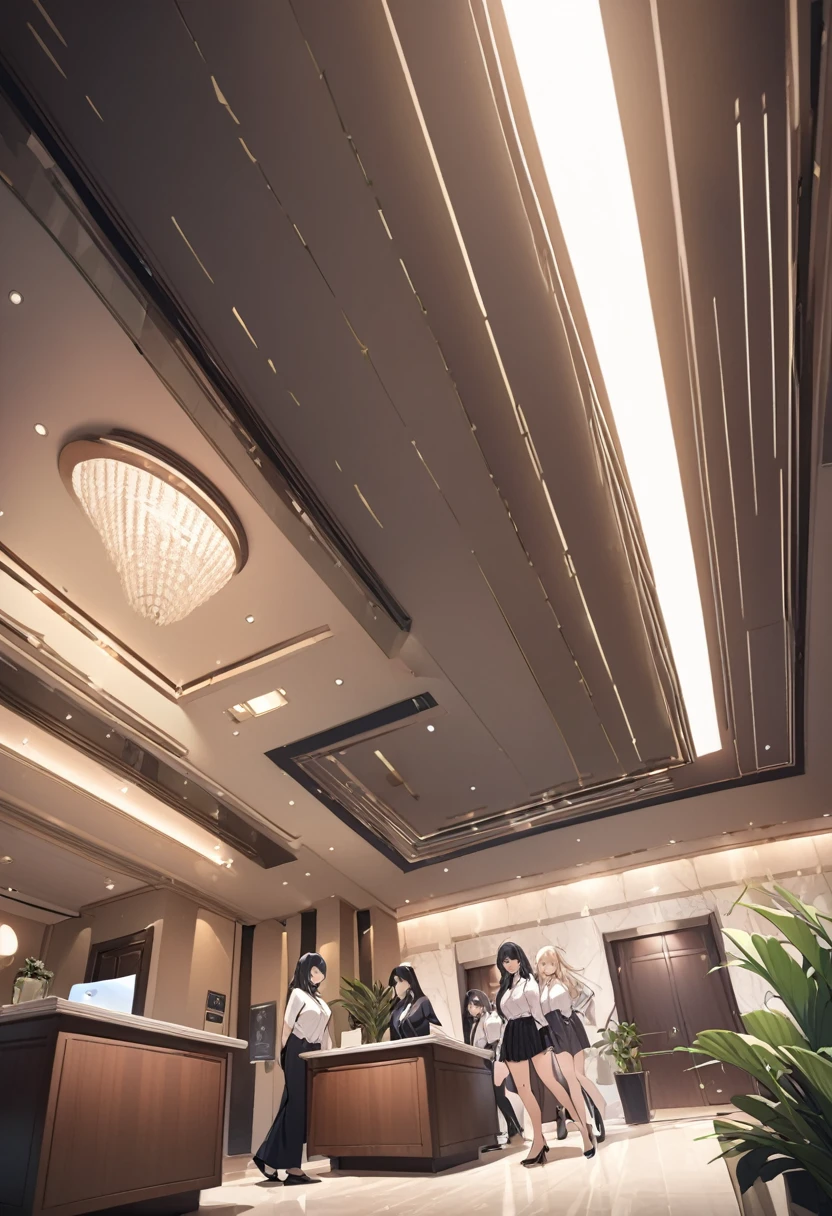 sofa,plant,from below,(hotel entrance,hotel lobby,front desk,check-in:1.3), dynamic angle, nsfw, (6girl:1.2),masterpiece, best quality, multiple girls, black hair, (textured skin:0.8), dramatic lighting, walking, large breasts,