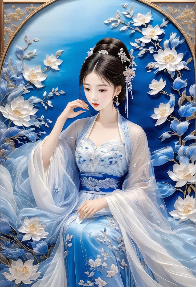 embroidery，Three-dimensional embroidery，(A picture of blue ornate Suzhou embroidery hangs on the wall）,blue-white petals, Silk material embroidery, Inspired by Yao Jianping’s dream of Su embroidery works，translucent，abundant cleavage,painting on silk, alcohol ink art