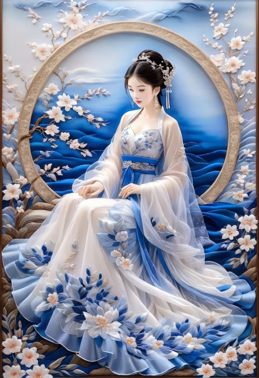 embroidery,Three-dimensional embroidery,(A picture of blue ornate Suzhou embroidery hangs on the wall),blue-white petals, Silk material embroidery, Inspired by Yao Jianping’s dream of Su embroidery works,translucent,abundant cleavage,painting on silk, alcohol ink art