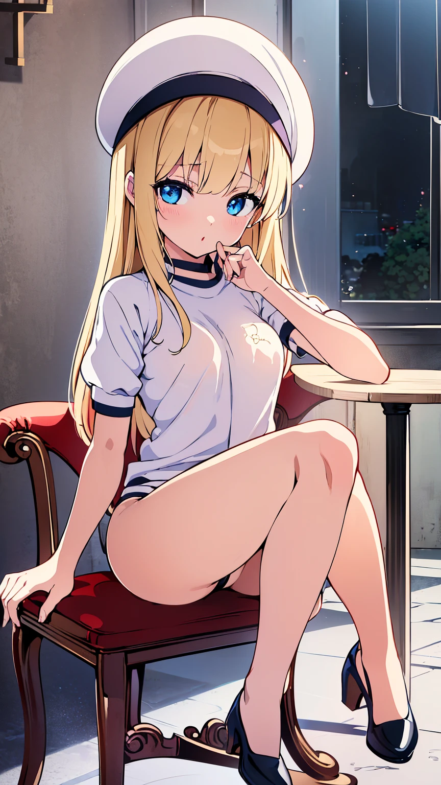 Highest quality,masterpiece,masterpiece portrait,((full body)), Blonde、Blue Eyes、Pink lips、、White shirt、Black Ribbon、Sexy atmosphere、cartoonist、(((Slightly erotic)))、Wearing a red beret、((Posing with a fountain pen))、Anime Style、Beauty、((The background is the wall of a coffee shop))、Sitting in a chair、(((Front view)))、Looking up
