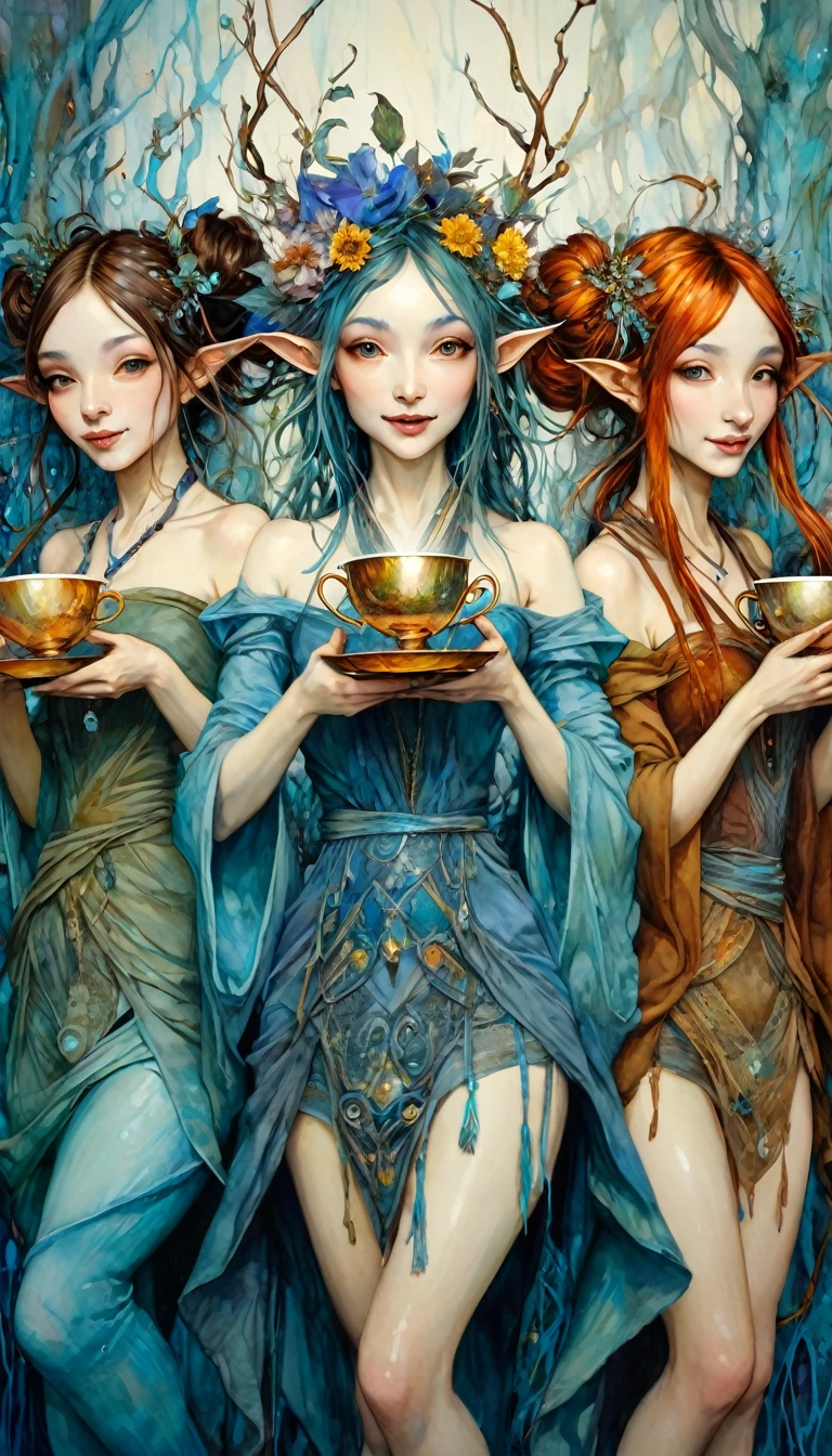 three women have fun and dance, each holding a cup of liquor, luxurious cups(art inspired by Brian Froud and Carne Griffiths and Wadim Kashin, intricate details, oil)