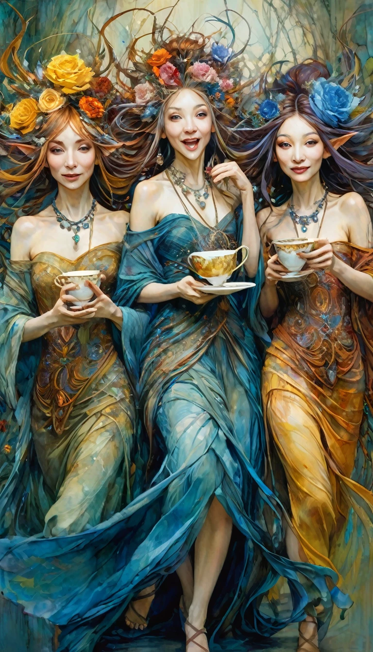 three women have fun and dance, each holding a cup, luxurious cups(art inspired by Brian Froud and Carne Griffiths and Wadim Kashin, intricate details, oil)