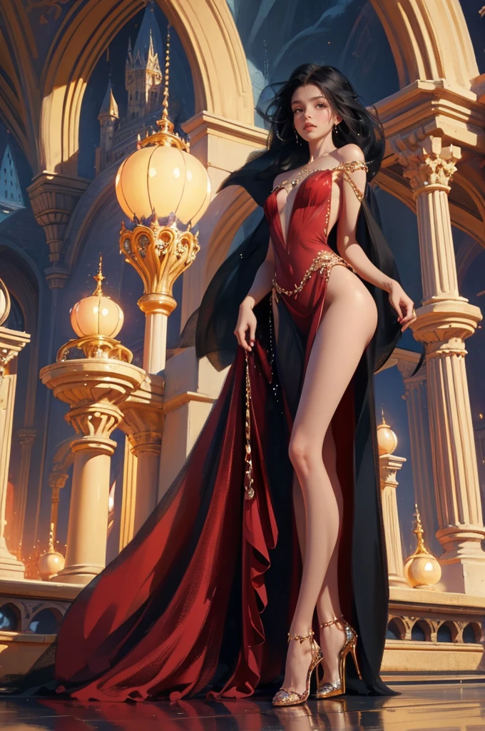 ((aeolian)), 1 girl, beautiful face, Princess, wearing transparent red dress without underwear, full body view, long black hair, fantasy castle landscape, no underwear, slim body, long legs, wearing high heels, shiny skin, bottomless, ((bare butt))