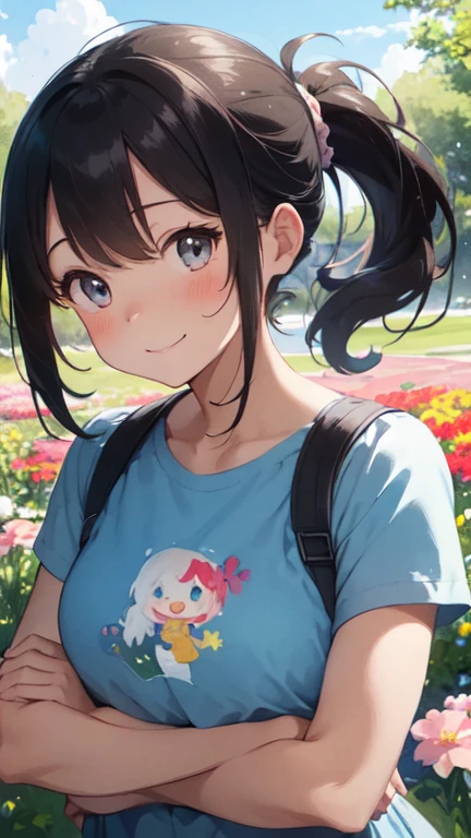 (Masseter muscle area, Highest quality, Ultra-high resolution), Close-up view, 1 cute girl with a ponytail,Blushing, Smile,In a beautiful summer dress, Playing with flowers in the park, Soft Focus, wood々Sunlight shining through, Breeze, Watercolor style, Impressionist art, Colorful petals fluttering down, Reflexive, Thoughtful expression, (Look directly at the viewer), Sketch Font, Whimsical Illustrations, (Art prints: 1.4), (Poster Style: 1.4)