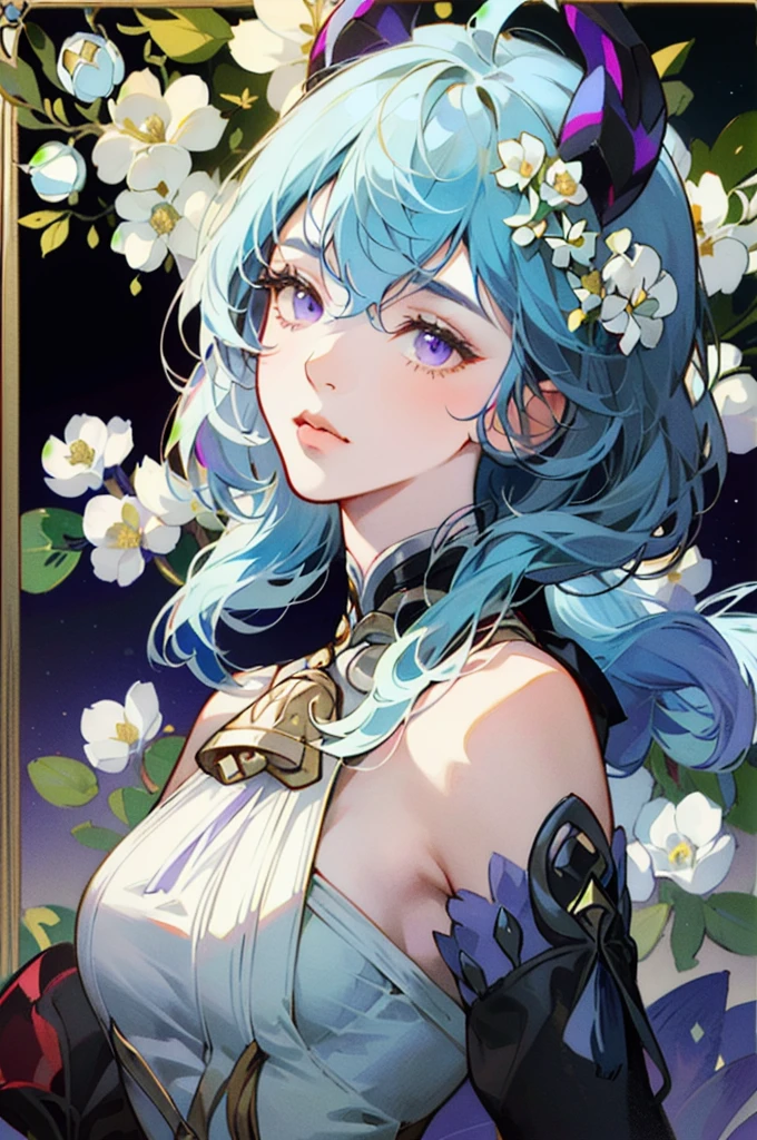 1 girl solo, light blue hair, purple eyes, dark red ram horns, golden bell on her chest, detached white and blue sleeves, bare shoulders, sleeveless black top, black gloves, ((portrait face closeup)) Vintage Victorian style, Precise vintage encyclopedia (best quality:1.2), (detailed:1.2), (masterpiece:1.2), vintage botanical illustration, (((white flowers Diphylleia grayi)))
