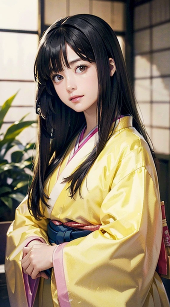 (Realistic)、(Realistic:1.2)、(High resolution)、Very detailed、Very beautiful face and eyes、1 girl、Delicate body、(highest quality、Attention to detail、Rich skin detail)、(highest quality、8k、Oil paint:1.2)、Very detailed、(Realistic、Realistic:1.37)、Bright colors、Full Body Shot,black_hair, Beautiful 8k eyes,Looking_in_Audience,One person in,Are standing,((Very beautiful woman, Fuller lips, Japanese pintern kimono))、((Colorful Japanese kimono)))、(((blackhair)))、(((Blunt bung，long straight hair)))、((( Inside an old Japanese house with a (short focus :1.4),)))、(masterpiece, highest quality, highest quality, Official Art, beautifully、aesthetic:1.2),(Fractal Art:1.3),Sengoku period、Greg Rutkowski Written by Alphonse Mucha Ropp,short ,uchikake,nishijin ori,(realistic light and shadow), (real and delicate background),(muted colors, dim colors, soothing tones:1.3), low saturation, (hyperdetailed:1.2), (????:0.4),drow,blurry_light_background, (vibrant color:1.2), cinematic lighting, ambient lighting,Single Shot,Shallow Focus,pink lip,blurry light background,