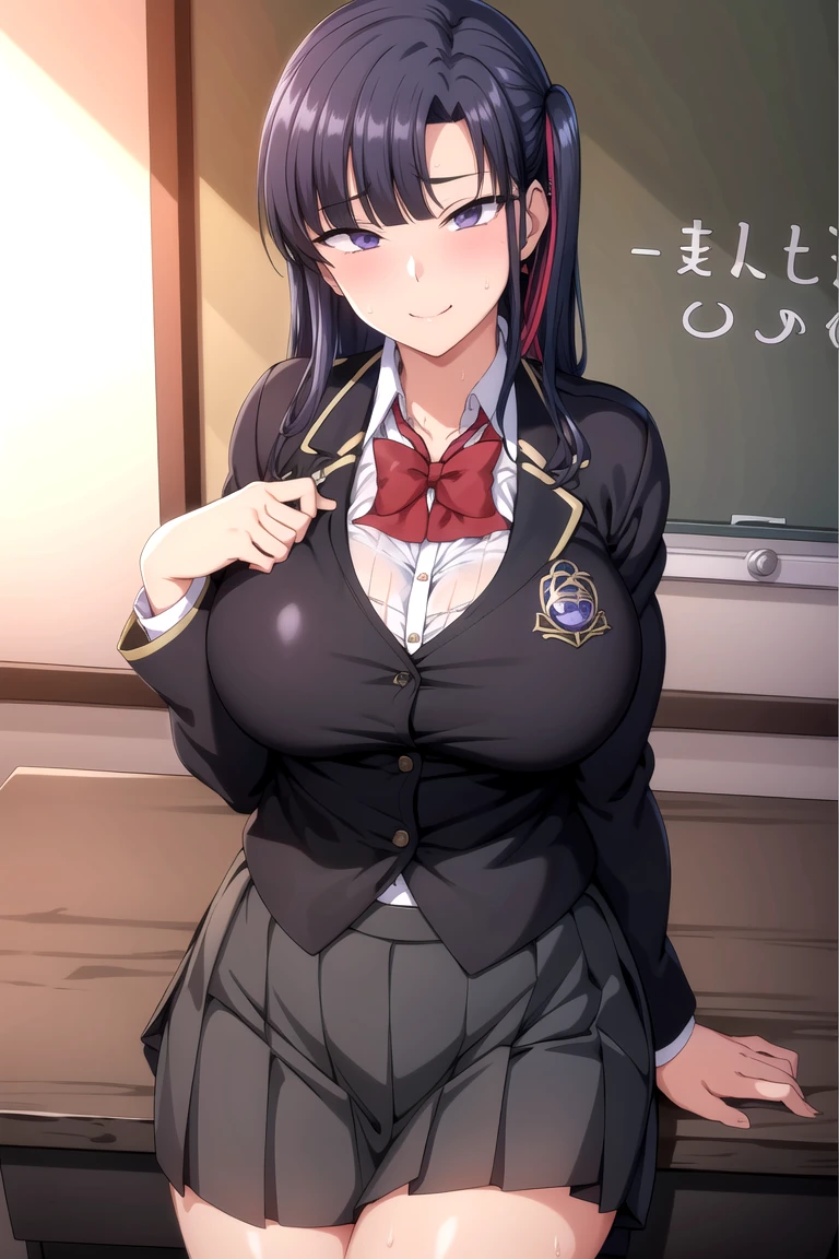 masterpiece, Highest quality, Very detailed , MyjmSkr-KJ, Black Skirt, View your viewers, smile, Pleated skirt, Collared shirt, Long sleeve, classroom,((Sweat all over the body、vapor))