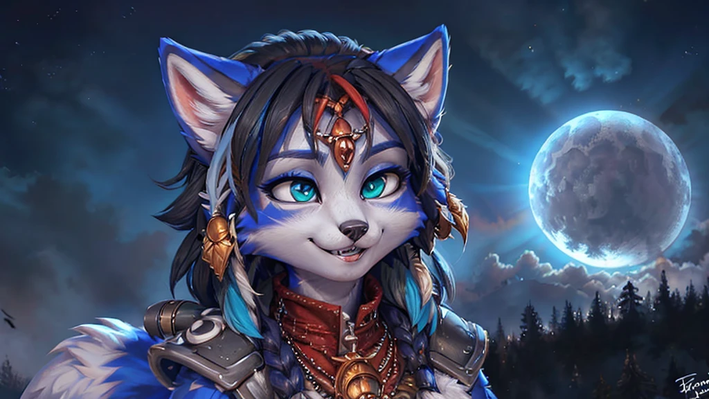 A beautiful and detailed (sweet portrait) wa ((Krystal)), Star Fox Krystal, sslim, lovable, green eyes, medium breasts, (((Long blue hair 1.3))),  ((black hair tips)), Decollete, grin, look up,, anthro, furry, Uploaded E621, detailed fluffy fur, (wa Fluff-Kevlar, Bayard Wu, Personalami, Pino Daeni), detailed face, (fluffy), 1 girl, alone,  Tribal clothing, sweet girl, brustpanzer 
