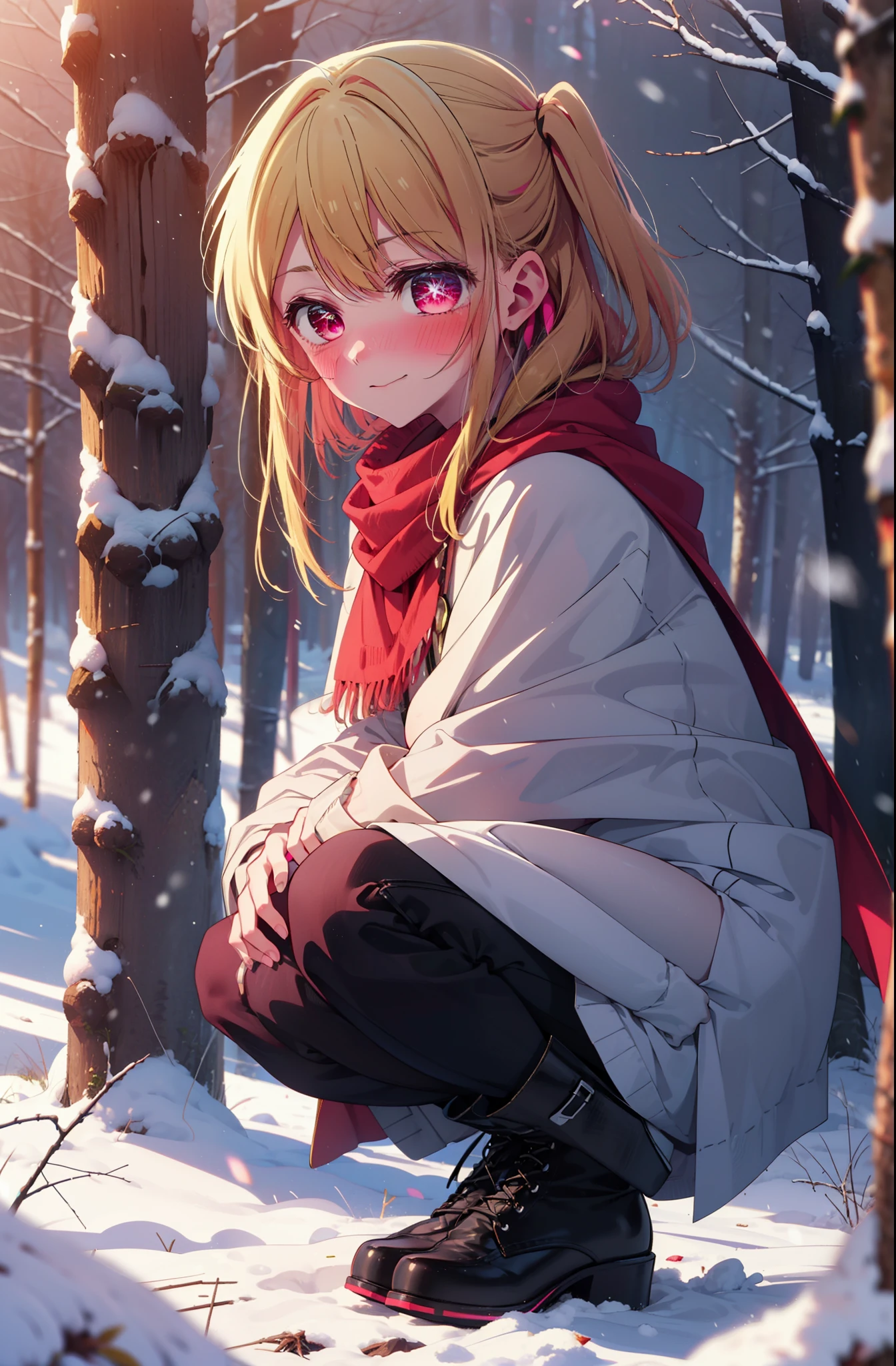 rubyhoshino, Hoshino Ruby, Long Hair, bangs, Blonde, (Pink Eyes:1.3), Side Lock, (Symbol-shaped pupil:1.5), Multicolored Hair, Two-tone hair, smile,,smile,blush,White Breath,
Open your mouth,snow,Ground bonfire, Outdoor, boots, snowing, From the side, wood, suitcase, Cape, Blurred, , forest, White handbag, nature,  Squat, Mouth closed, Cape, winter, Written boundary depth, Black shoes, red Cape break looking at viewer, Upper Body, whole body, break Outdoor, forest, nature, break (masterpiece:1.2), Highest quality, High resolution, unity 8k wallpaper, (shape:0.8), (Beautiful and beautiful eyes:1.6), Highly detailed face, Perfect lighting, Highly detailed CG, (Perfect hands, Perfect ),