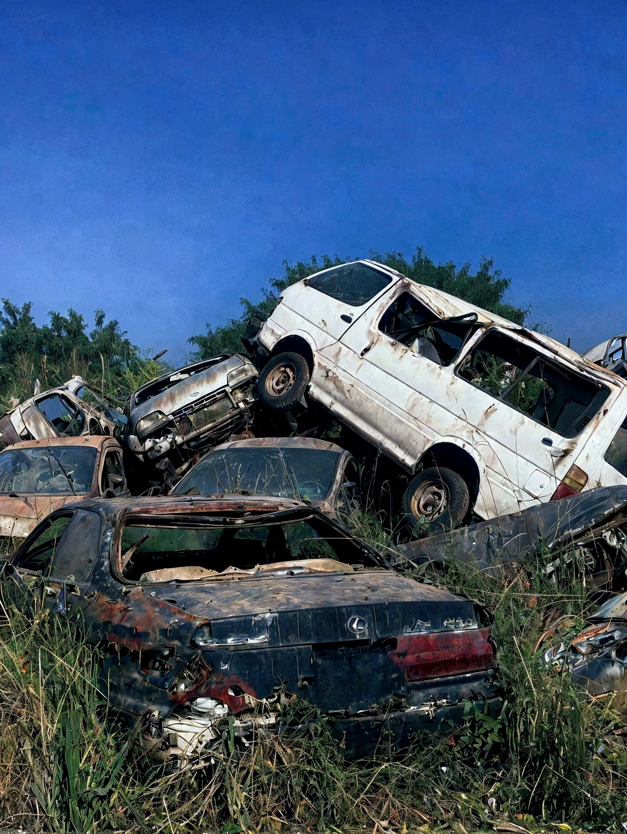 there are many cars that are sitting in the grass, wrecked cars, many overgrown scrap cars, abandoned vehicles, abandoned cars, junk yard, scrapyard, destroyed cars, many scrap cars, destroyed flipped wrecked cars, junkyard, broken cars, twilight junkyard, rusty vehicles, cars crashed, car wreck, rusty cars!!, scrapyard architecture