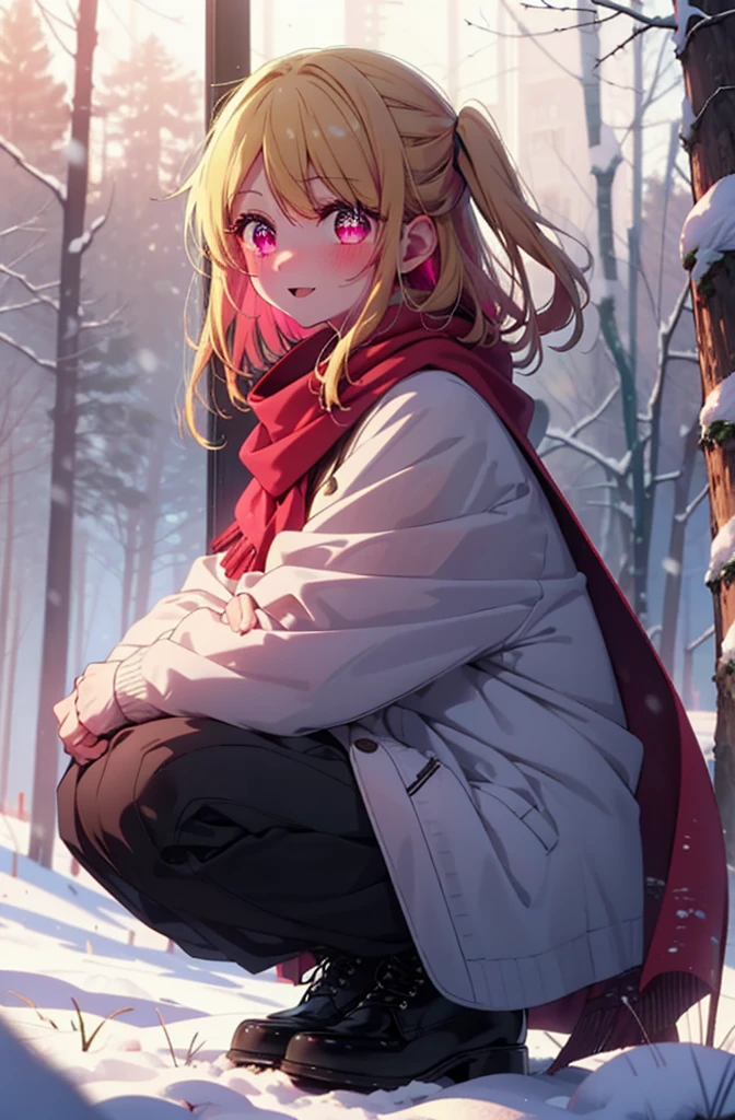 rubyhoshino, Hoshino Ruby, Long Hair, bangs, Blonde, (Pink Eyes:1.3), Side Lock, (Symbol-shaped pupil:1.5), Multicolored Hair, Two-tone hair, smile,,smile,blush,White Breath,
Open your mouth,snow,Ground bonfire, Outdoor, boots, snowing, From the side, wood, suitcase, Cape, Blurred, , forest, White handbag, nature, Squat, Mouth closed, Cape, winter, Written boundary depth, Black shoes, red Cape break looking at viewer, Upper Body, whole body, break Outdoor, forest, nature, break (masterpiece:1.2), Highest quality, High resolution, unity 8k wallpaper, (shape:0.8), (Beautiful and beautiful eyes:1.6), Highly detailed face, Perfect lighting, Highly detailed CG, (Perfect hands, Perfect Anatomy),