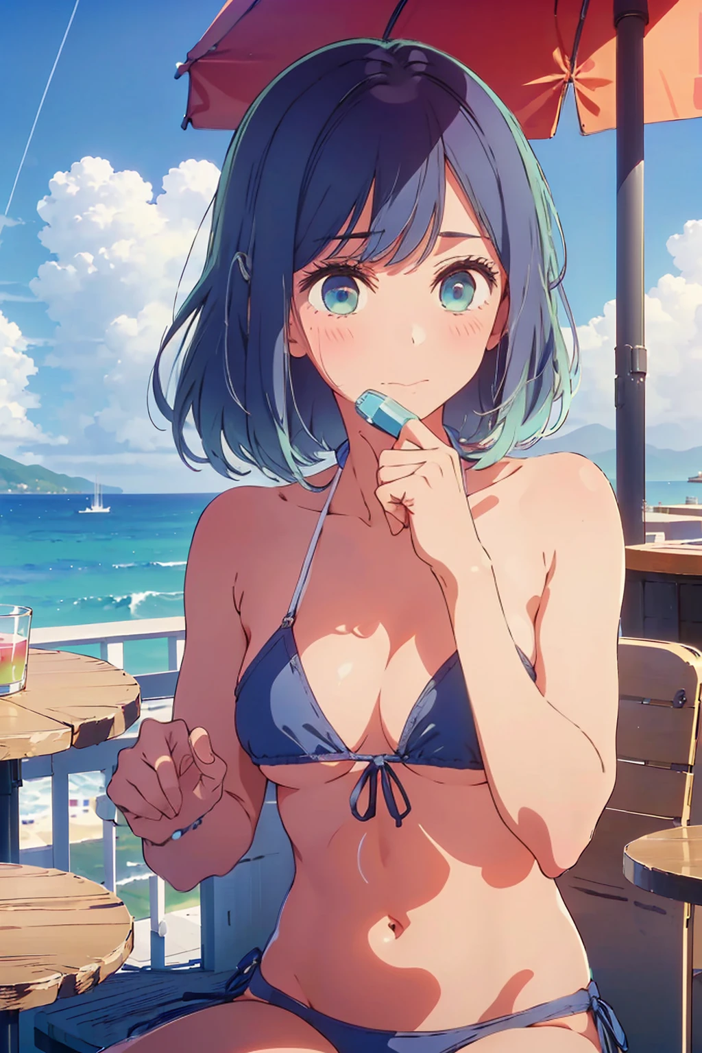 (Highest quality:1.4、8K:1.4、detailed)、F cup bust、Big Breasts、Slim body、Very white beautiful skin、((((1 person、Surprised expression、sit、Chair、In the background are the urban buildings of Tokyo、looking at the camera、Outdoor café terrace、coastal、Navy hair color、juice、Shooting up close、table、Very cute face))))、((((Bikini Nudes))))、(Pose of putting hair behind ears with hands:1.4)、Very blue sky、A completely cloudless sky