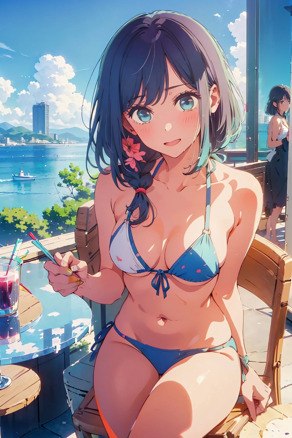 (Highest quality:1.4、8K:1.4、detailed)、F cup bust、Big Breasts、Slim body、Very white beautiful skin、((((1 person、Surprised expression、sit、Chair、In the background are the urban buildings of Tokyo、looking at the camera、Outdoor café terrace、coastal、Navy hair color、juice、Shooting up close、table、Very cute face))))、((((Bikini Nudes))))、(Pose of putting hair behind ears with hands:1.4)、Very blue sky、A completely cloudless sky