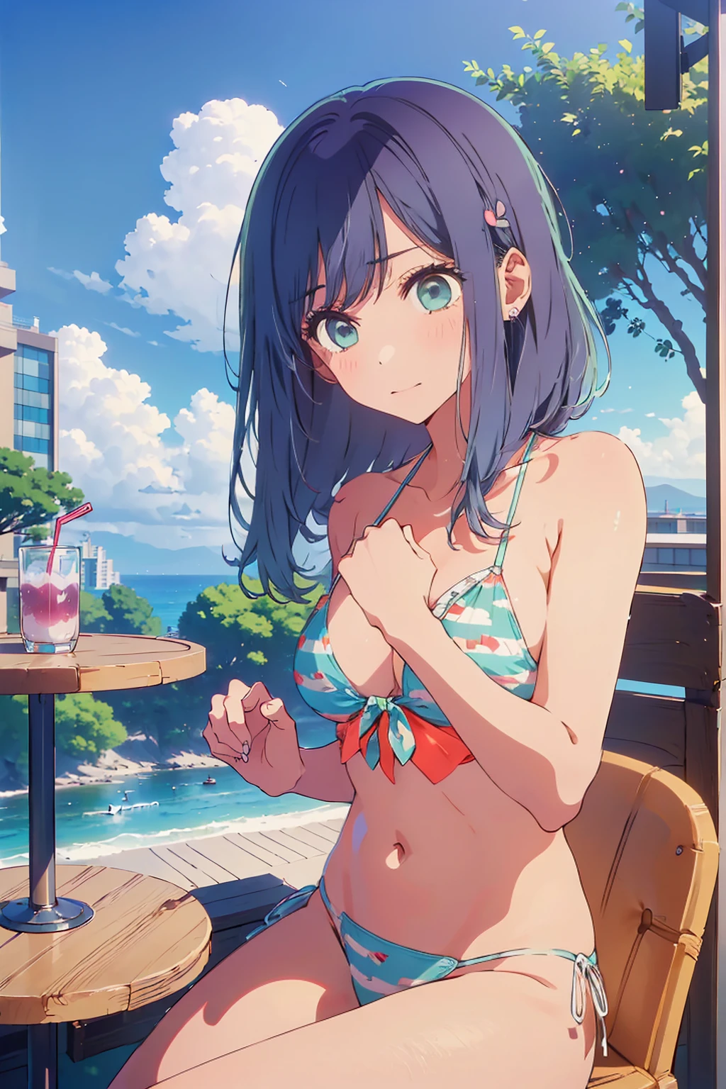 (Highest quality:1.4、8K:1.4、detailed)、F cup 、、Slim body、Very white beautiful skin、((((1 person、Surprised expression、sit、Chair、In the background are the urban buildings of Tokyo、looking at the camera、Outdoor café terrace、coastal、Navy hair color、juice、Shooting up close、table、Very cute face))))、((((Bikini ))))、(Pose of putting hair behind ears with hands:1.4)、Very blue sky、A completely cloudless sky
