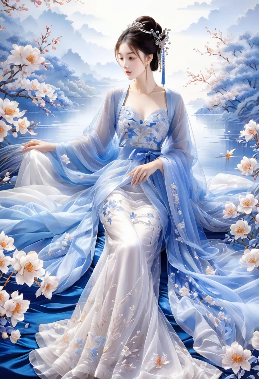 embroidery，Three-dimensional embroidery，(A picture of blue ornate Suzhou embroidery hangs on the wall）,blue-white petals, Silk material embroidery, Inspired by Yao Jianping’s dream of Su embroidery works，translucent，abundant cleavage,painting on silk, alcohol ink art