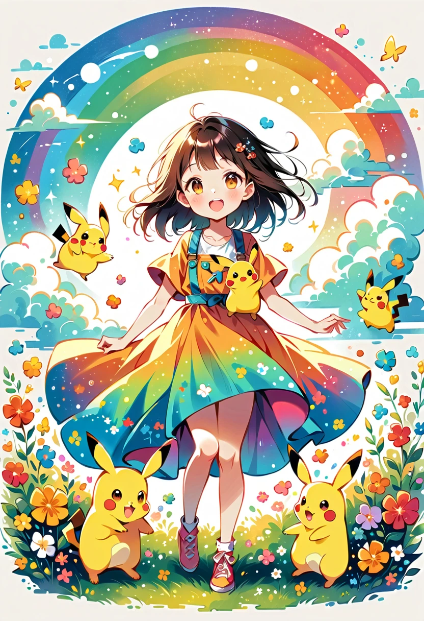 cute scene featuring Pikachu interacting with a rainbow. Use a bright and cheerful color palette with soft, painterly strokes. Pikachu should be standing joyfully at the end of a vibrant rainbow, surrounded by a field of blooming flowers and a clear blue sky. Include elements like fluffy white clouds and sun rays shining down to create a whimsical and enchanting atmosphere. The overall vibe should be warm and heartwarming, capturing the playful and magical essence of Pikachu and the rainbow.