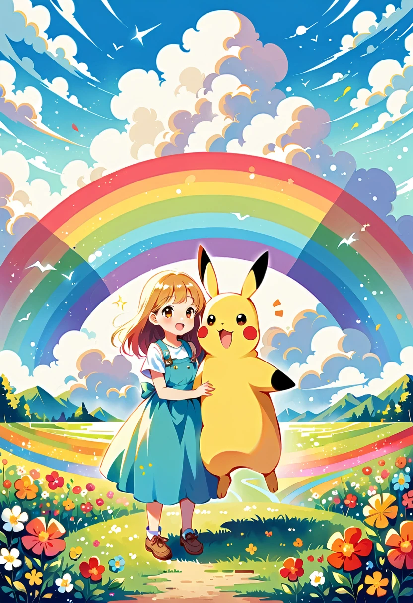 cute scene featuring Pikachu interacting with a rainbow. Use a bright and cheerful color palette with soft, painterly strokes. Pikachu should be standing joyfully at the end of a vibrant rainbow, surrounded by a field of blooming flowers and a clear blue sky. Include elements like fluffy white clouds and sun rays shining down to create a whimsical and enchanting atmosphere. The overall vibe should be warm and heartwarming, capturing the playful and magical essence of Pikachu and the rainbow.