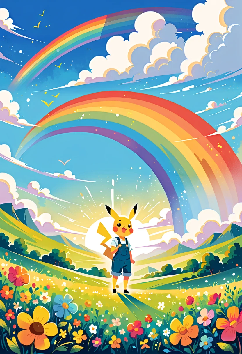 cute scene featuring Pikachu interacting with a rainbow. Use a bright and cheerful color palette with soft, painterly strokes. Pikachu should be standing joyfully at the end of a vibrant rainbow, surrounded by a field of blooming flowers and a clear blue sky. Include elements like fluffy white clouds and sun rays shining down to create a whimsical and enchanting atmosphere. The overall vibe should be warm and heartwarming, capturing the playful and magical essence of Pikachu and the rainbow.