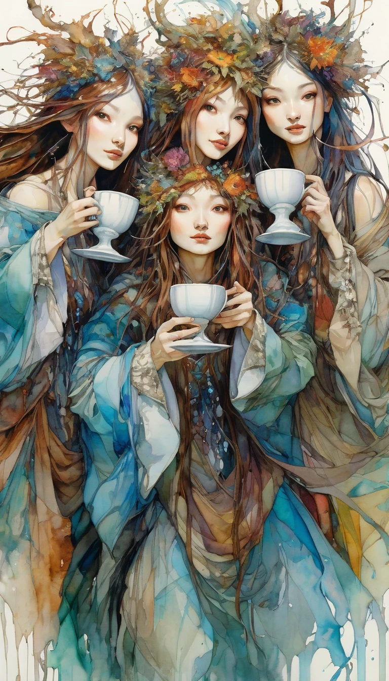 three women have fun and dance, each holding a cup, luxurious cups(art inspired by Brian Froud and Carne Griffiths and Wadim Kashin, intricate details, oil)
