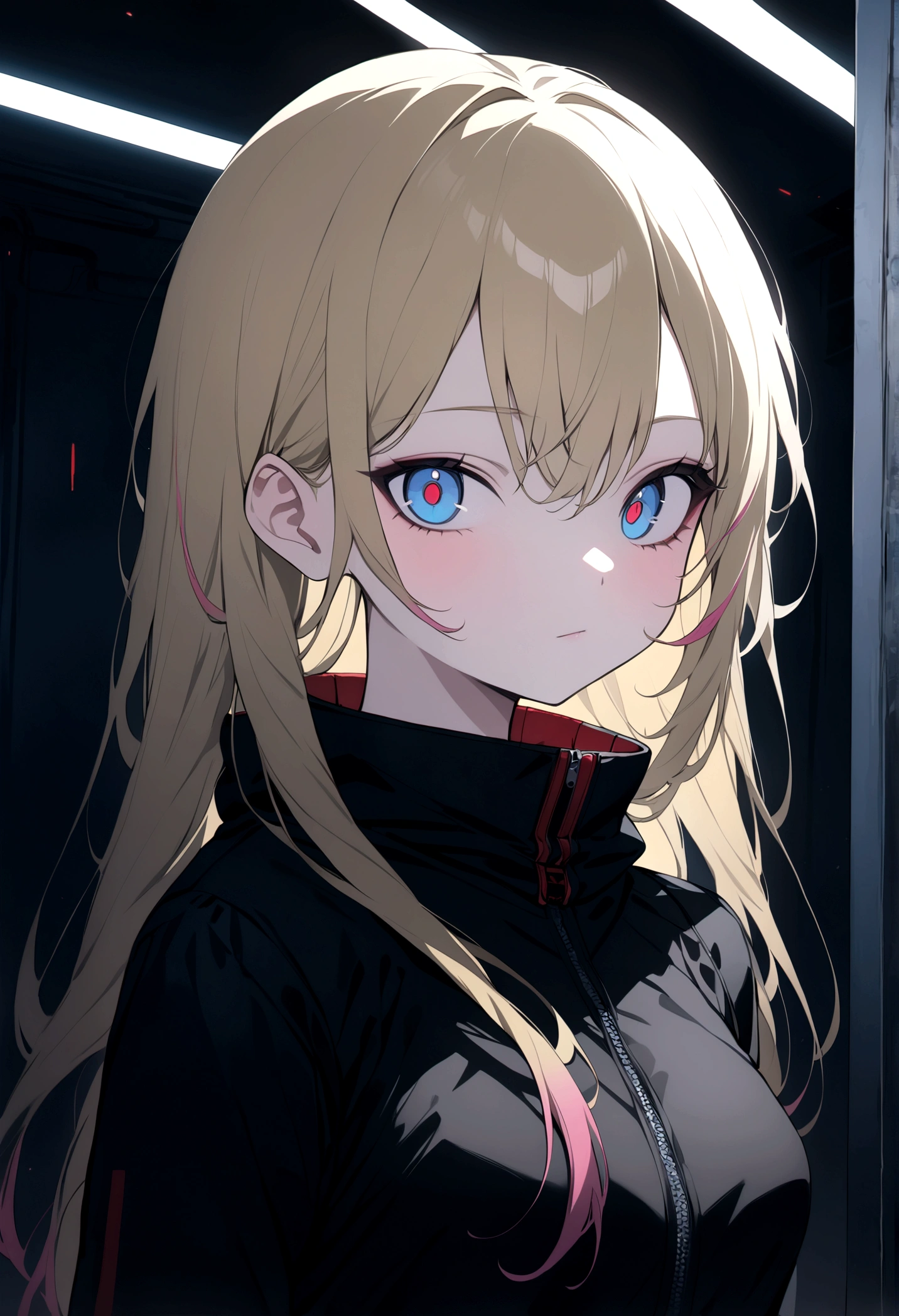 (masterpiece, 32k, 8k, Umbrella Corporation corridor scenario) girl 17 years old, naturally beautiful face, long blonde hair with pink streaks, tight black clothes in cyberpunk style, eyes of different colors, one blue eye and the other gray eye